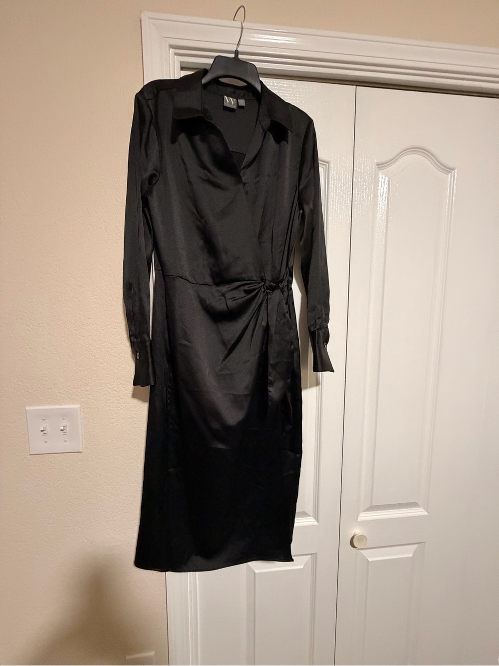 Worthington Black Satin Wrap-Style Long Sleeve Dress